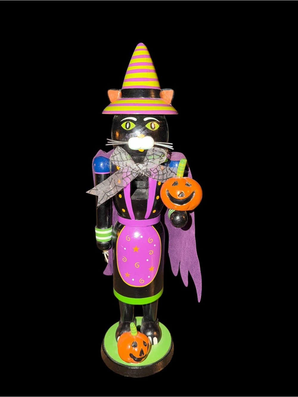 HomeGoods Halloween Black Cat Witch Nutcracker 15” Pumpkin Purple Cape Wood